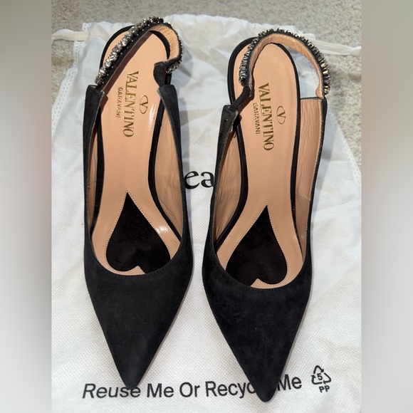 Valentino Suede Crystal Embellishments Slingback Pumps - Picture 7 of 9